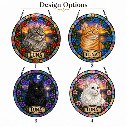 Custom Photo Cat Stained Glass Suncatcher Gift – Personalized Pet Portrait Window Decor | Cat Lover Memorial THUC99