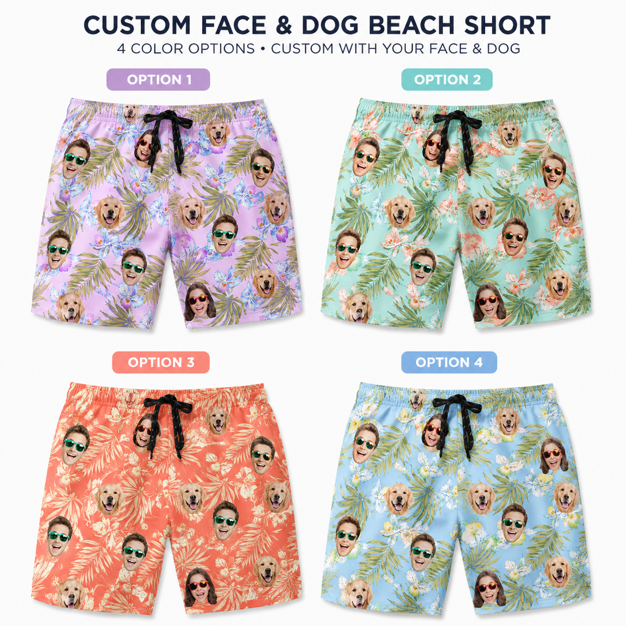 Personalized Pet Face Beach Shorts Custom Dog Photo Swim Trunks for Summer THUC99