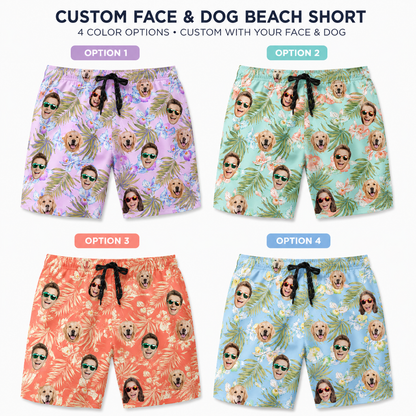 Personalized Pet Face Beach Shorts Custom Dog Photo Swim Trunks for Summer THUC99