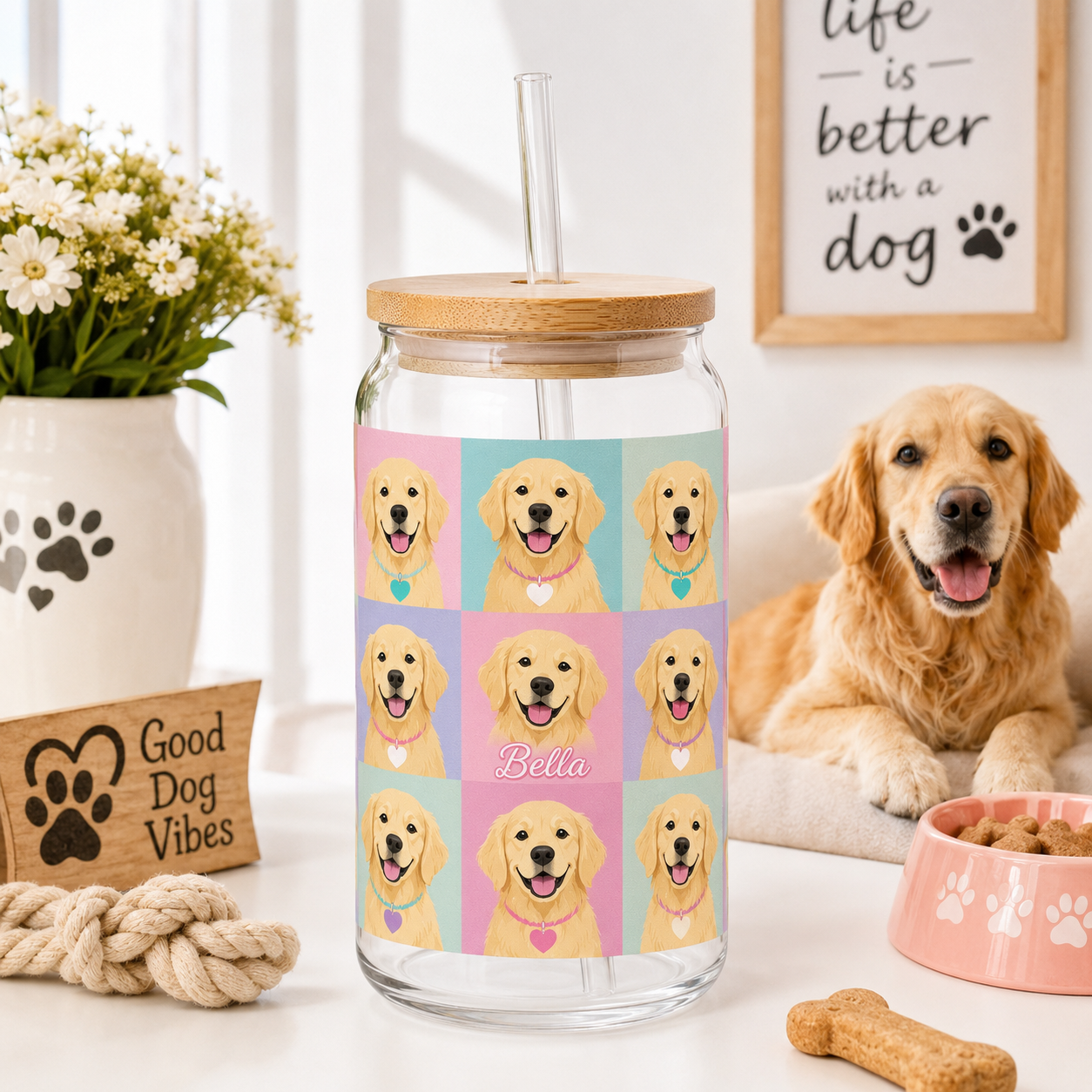 Custom Dog Photo Sipper Glass 16oz – Personalized Glass Tumbler with Bamboo Lid & Straw THUC99