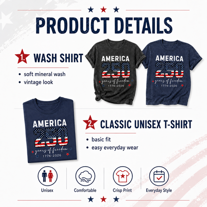 America 250th Celebration T-Shirt, Vintage Freedom Wash Shirt THUC99