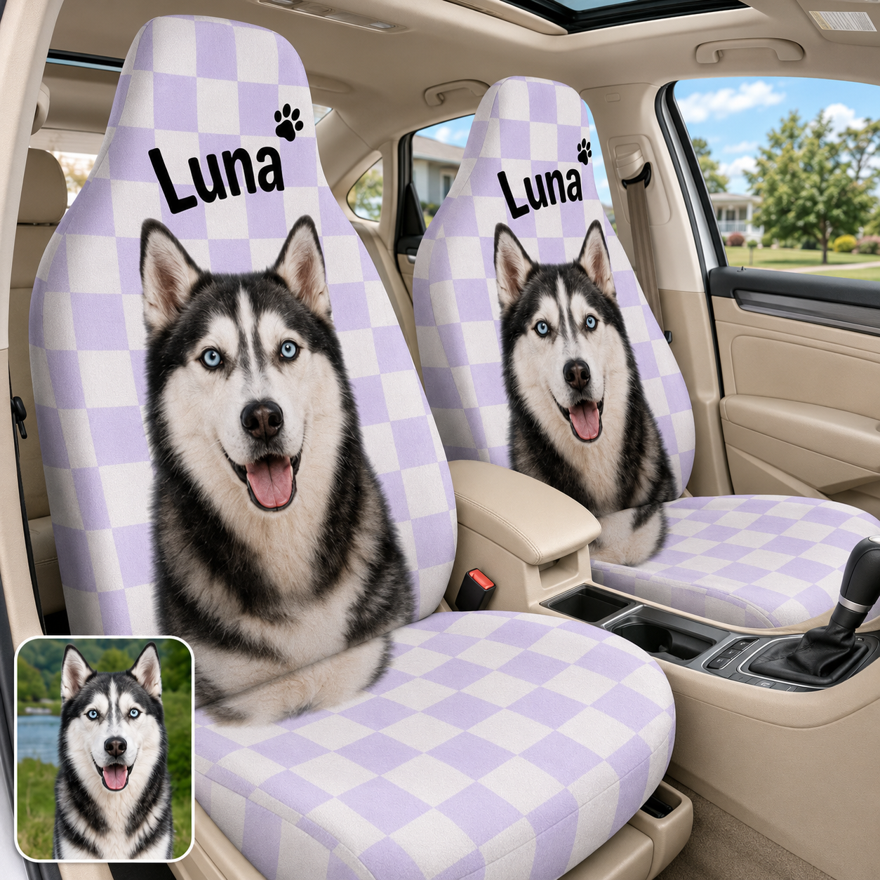 Personalized Dog Portrait Seat Cover, Custom Pet Face Car Cover, Gift For Dog Mom Dad THUC99
