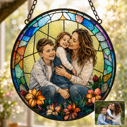 Custom Photo Mom & Grandma Stained Glass Suncatcher, Personalized Family Portrait Window Hanging Gift THUC99
