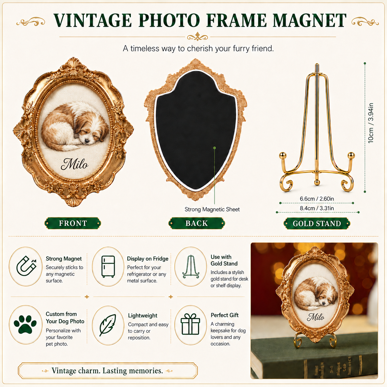 Custom Dog Vintage Photo Frame Magnet, Personalized Pet Portrait Fridge Magnet, Dog Lover Gift THUC99