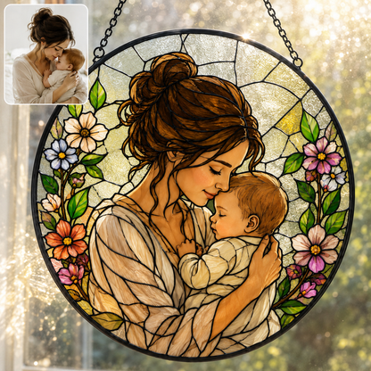 Personalized Mom & Grandma Portrait Glass Suncatcher, Custom Family Photo Window Hanging Decor THUC99