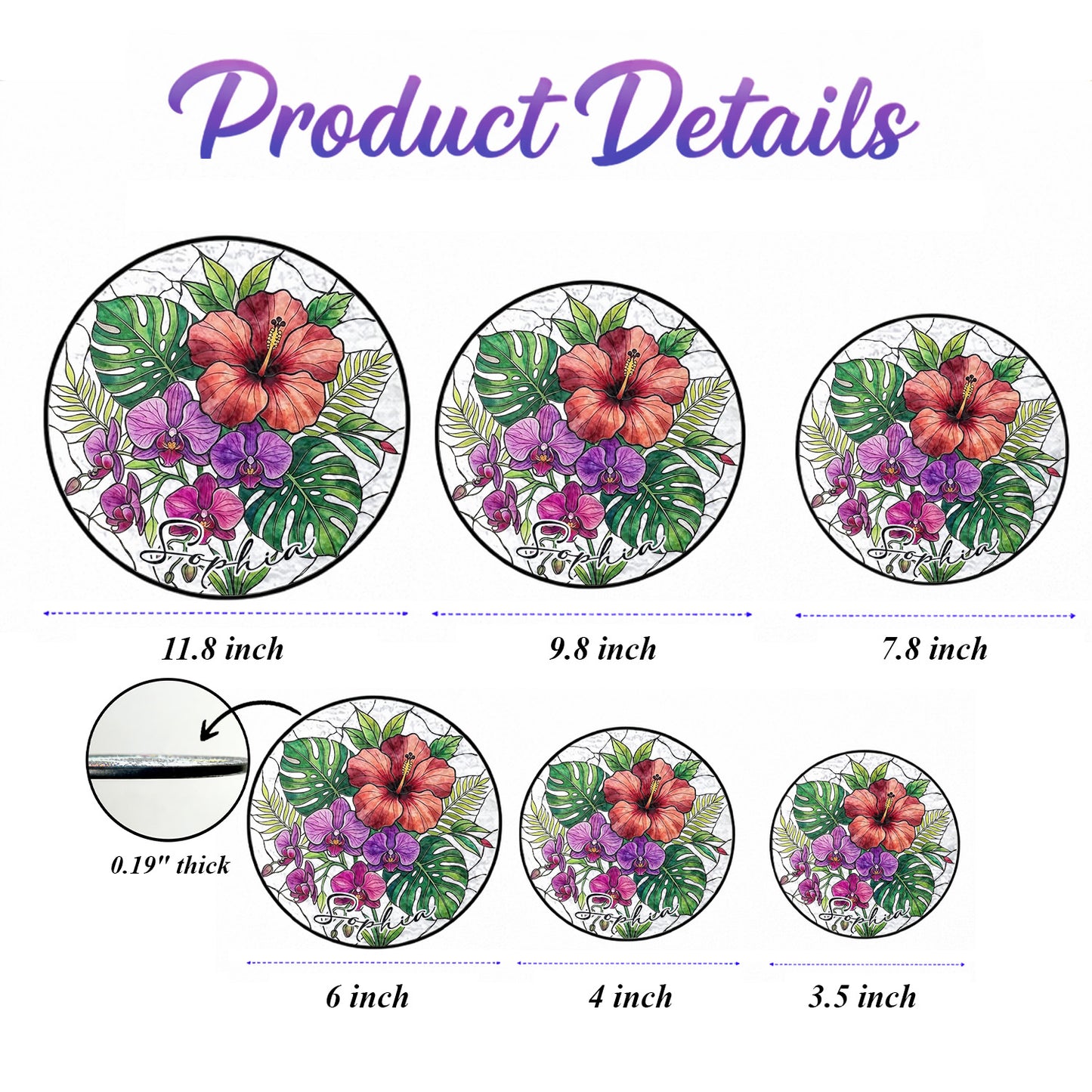 Personalized Tropical Flower Stained Glass Suncatcher – Custom Name Window Hanging, Hibiscus & Orchid Decor (THUC99)