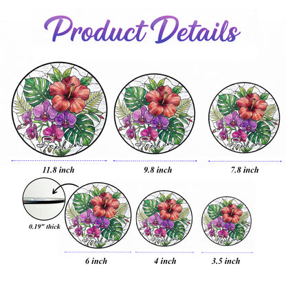 Personalized Tropical Flower Stained Glass Suncatcher – Custom Name Window Hanging, Hibiscus & Orchid Decor (THUC99)
