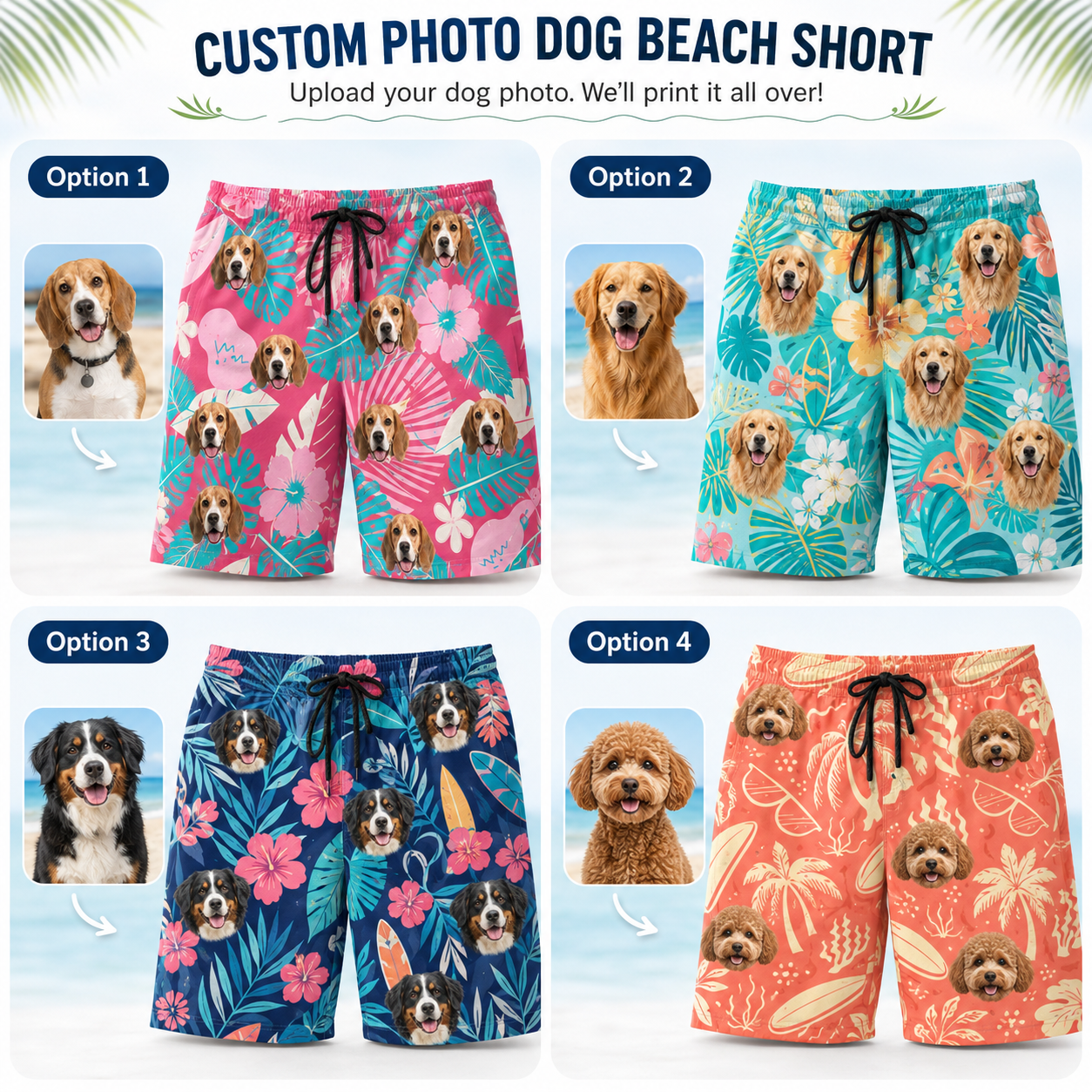 Custom Dog Face Casual Beach Shorts Personalized All Over Print Swim Trunks THUC99