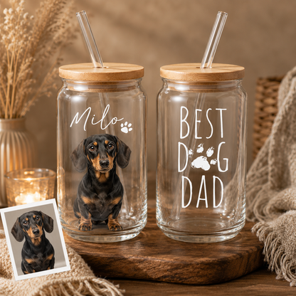 Personalized Dog Portrait Glass Cup 16oz – Custom Sipper with Bamboo Lid & Straw THUC99