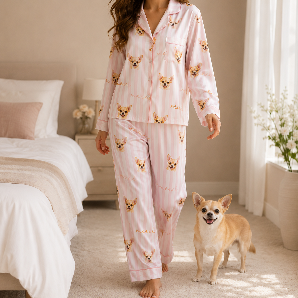Personalized Dog Portrait Satin Pajamas Set Custom Sleepwear for Women THUC99