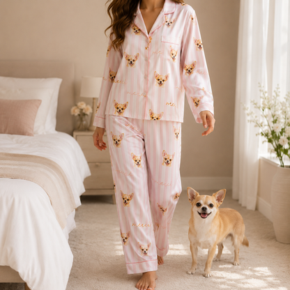 Personalized Dog Portrait Satin Pajamas Set Custom Sleepwear for Women THUC99