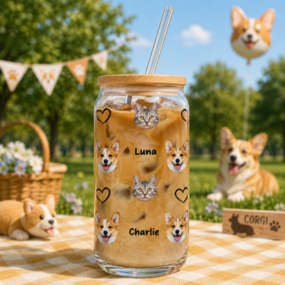 Custom Photo Dog Sipper Glass 16oz – Personalized Glass Cup with Bamboo Lid & Straw Gift For Dog Lover THUC99