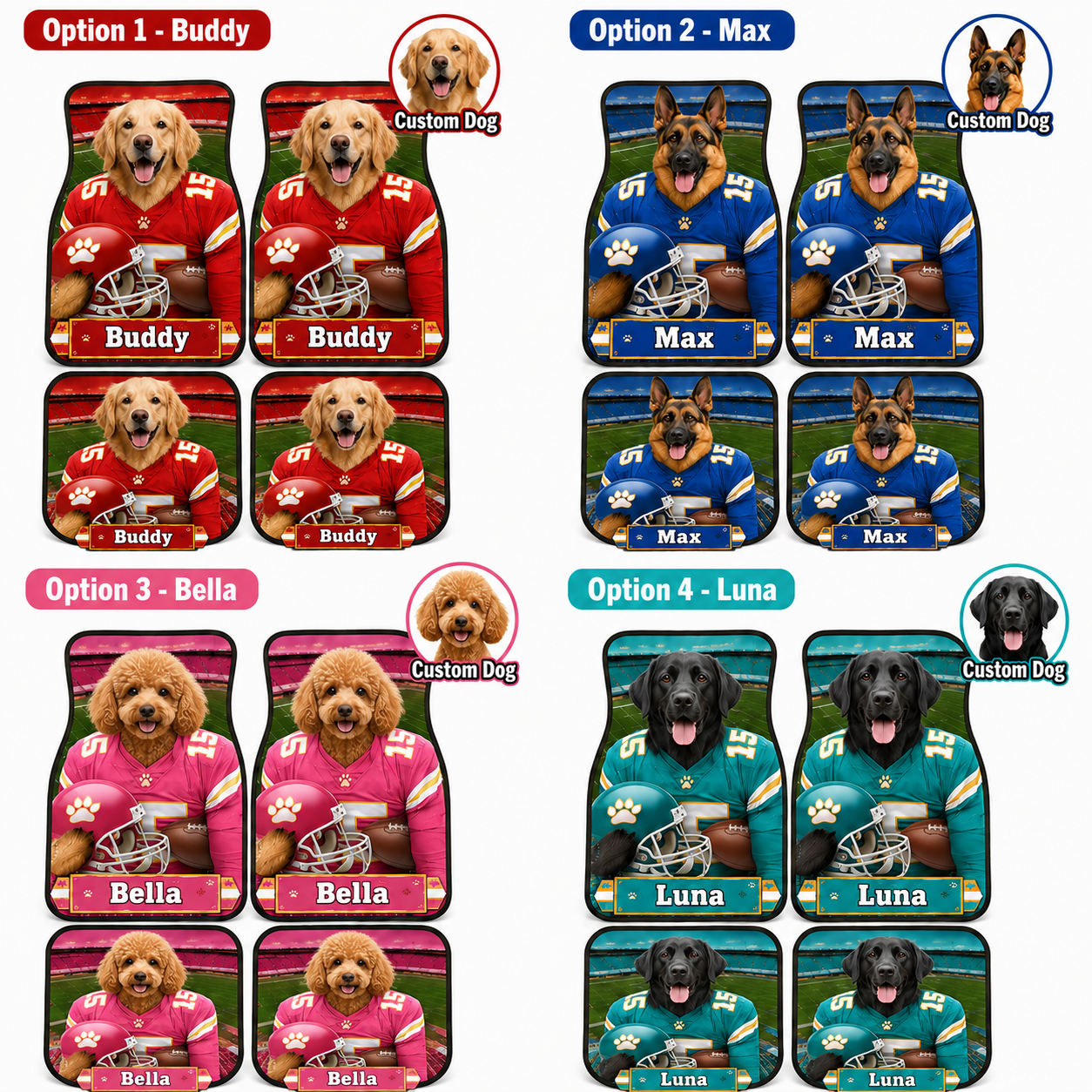 Custom Dog Face Auto Floor Mats, Personalized Football Pet Car Accessories Gift THUC99