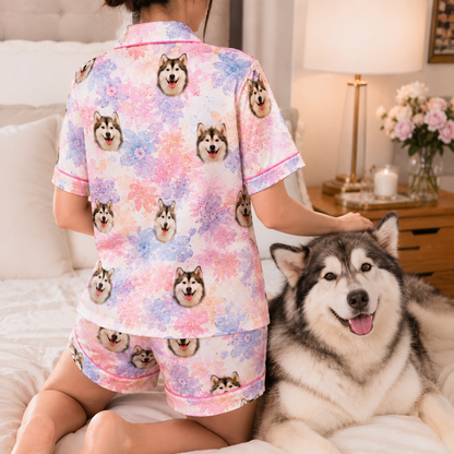Personalized Pet Face Satin Pajamas Set Custom Dog Photo Gift for Her THUC99