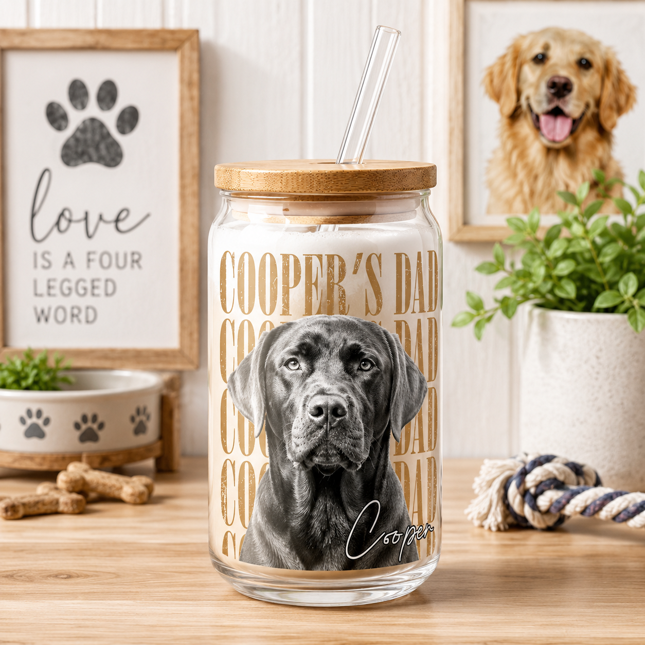 Custom Dog Picture Glass Cup – 16oz Sipper Tumbler with Bamboo Lid and Straw THUC99