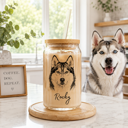 Custom Dog Photo Sipper Glass 16oz – Personalized Glass Tumbler with Bamboo Lid & Straw THUC99