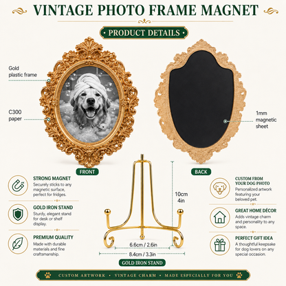 Custom Dog Artwork Magnet, Vintage Gold Photo Frame Magnet, Personalized Pet Keepsake THUC99