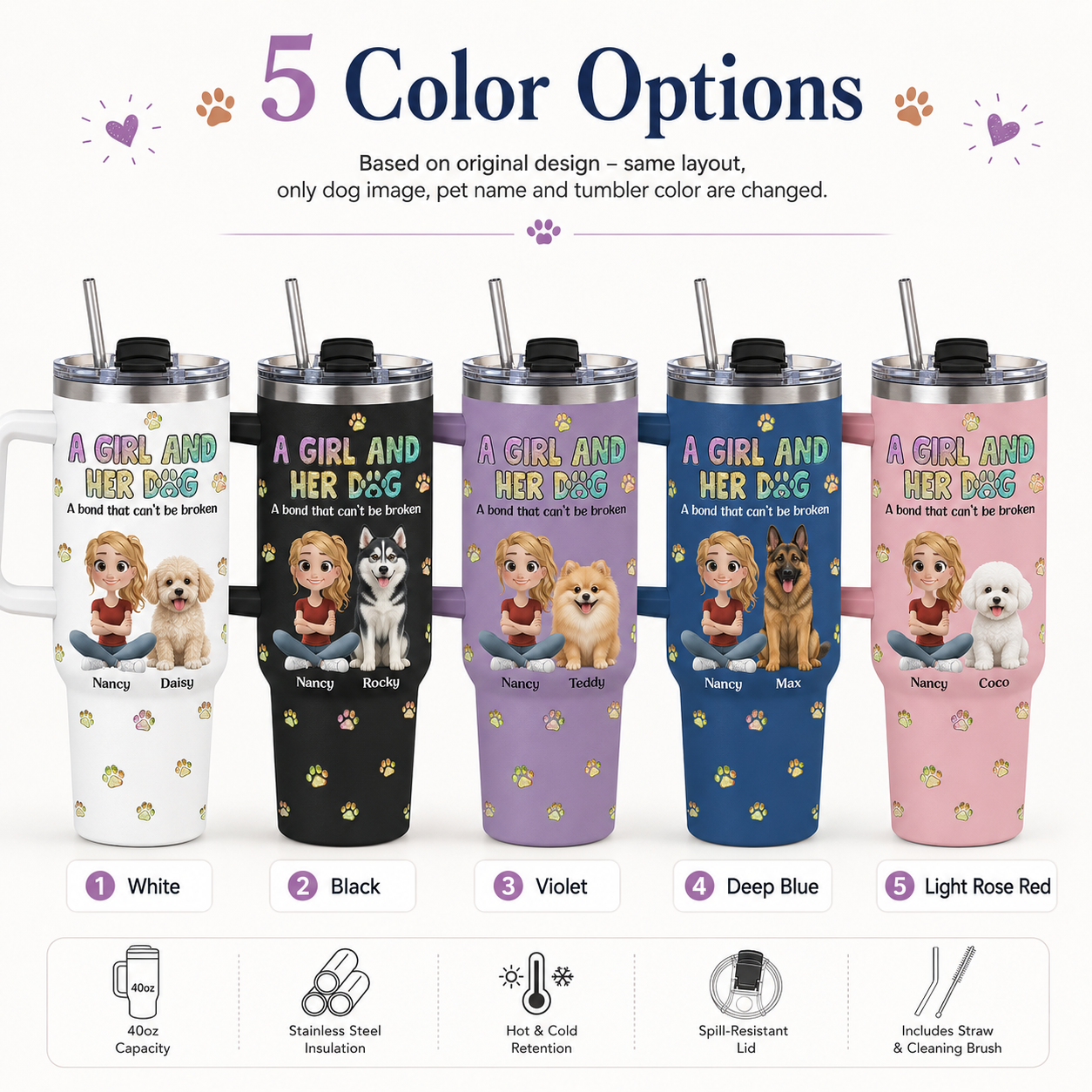 Custom Dog Face 40oz Tumbler – Personalized Stainless Steel Cup for Dog Mom and Dog Dad THUC99