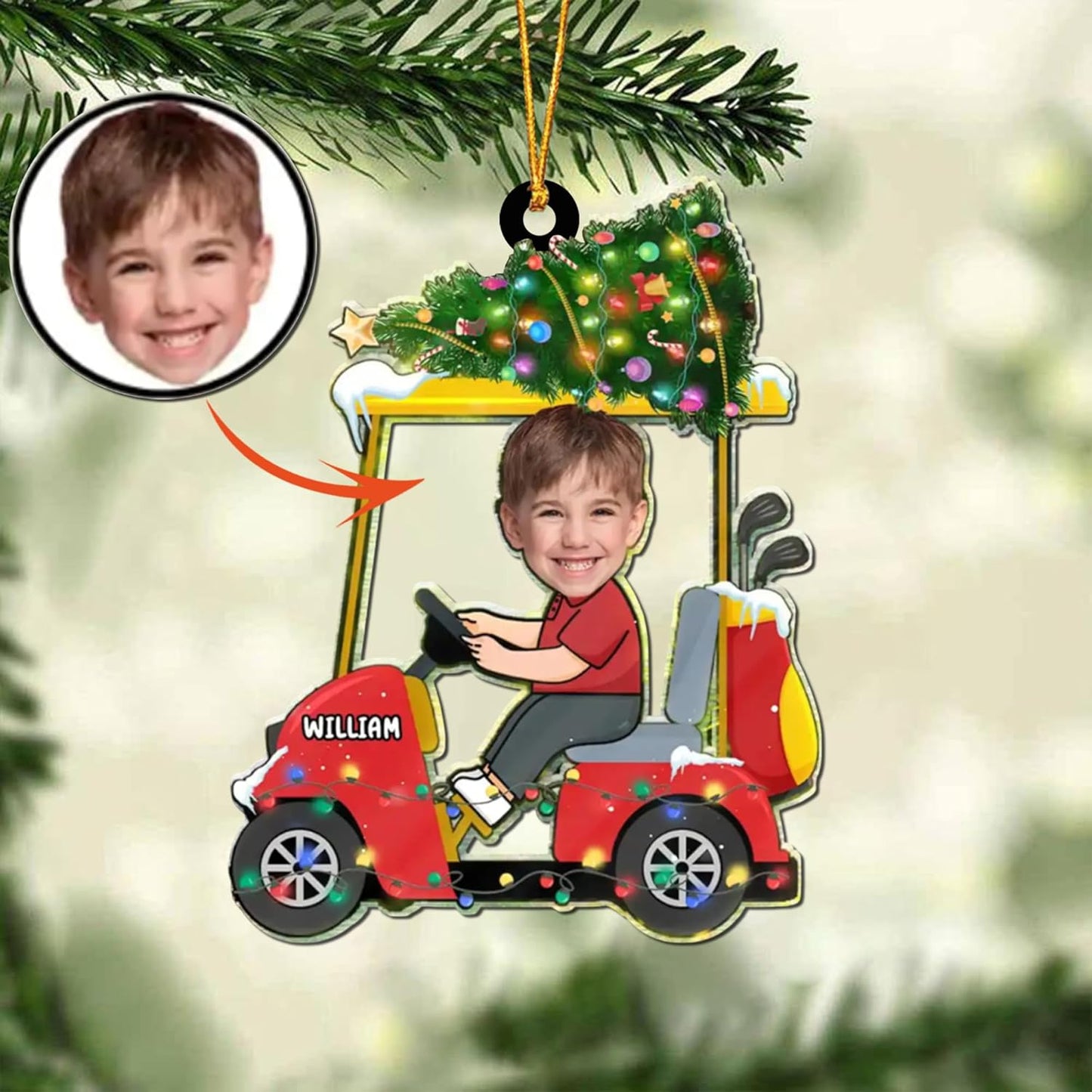 Custom Face and Name Golf Cart Ornament - Golf Player Christmas Ornament 2