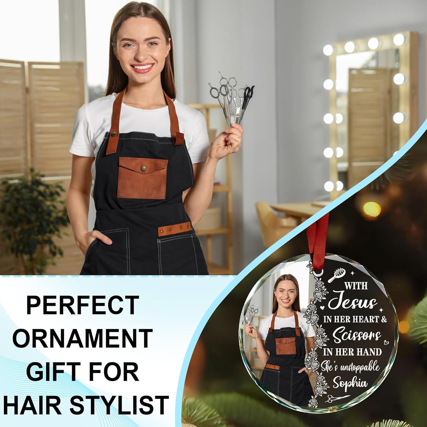 Personalized Hair Stylist Ornament – Custom Name for Hairdresser Glass Ornament Style 2