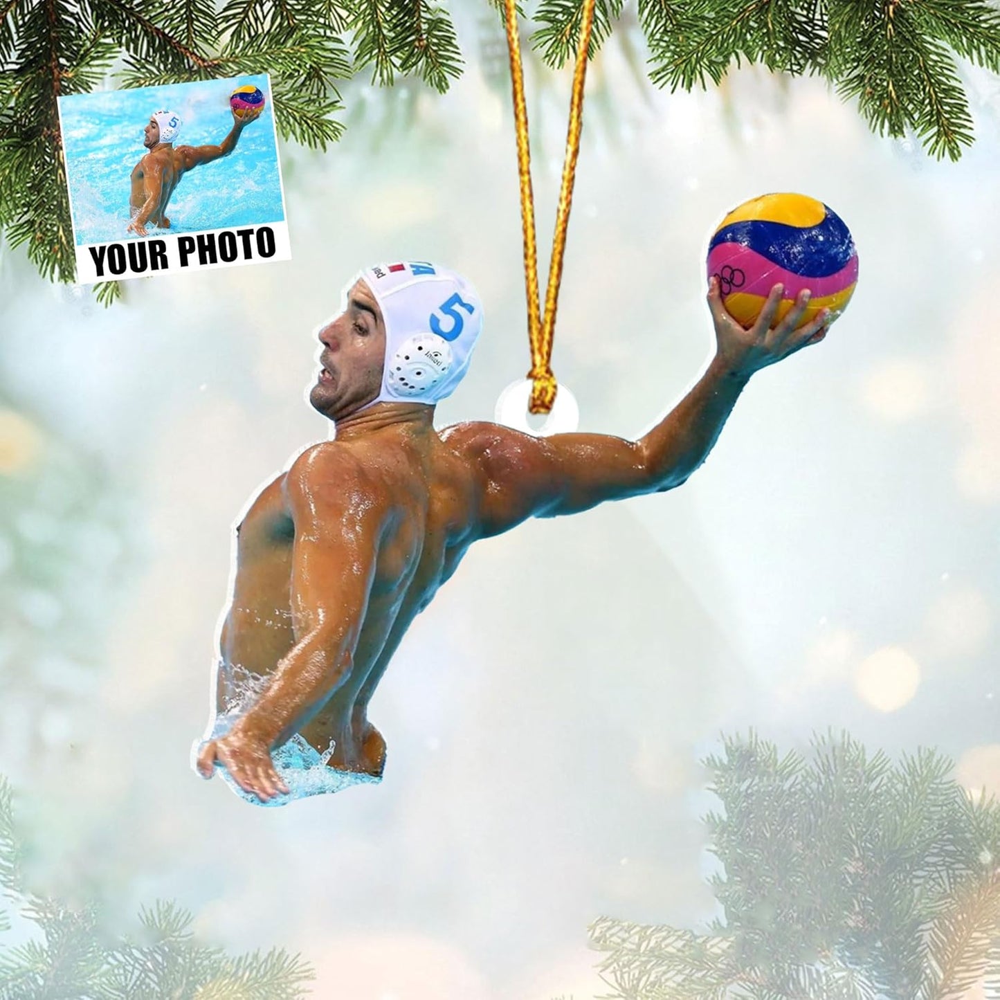 Custom Photo Water Polo Christmas Ornament – Custom Name Acrylic Water Polo Ball Ornament, Sport Holiday Tree Decoration, Gift for Water Polo Players TW1