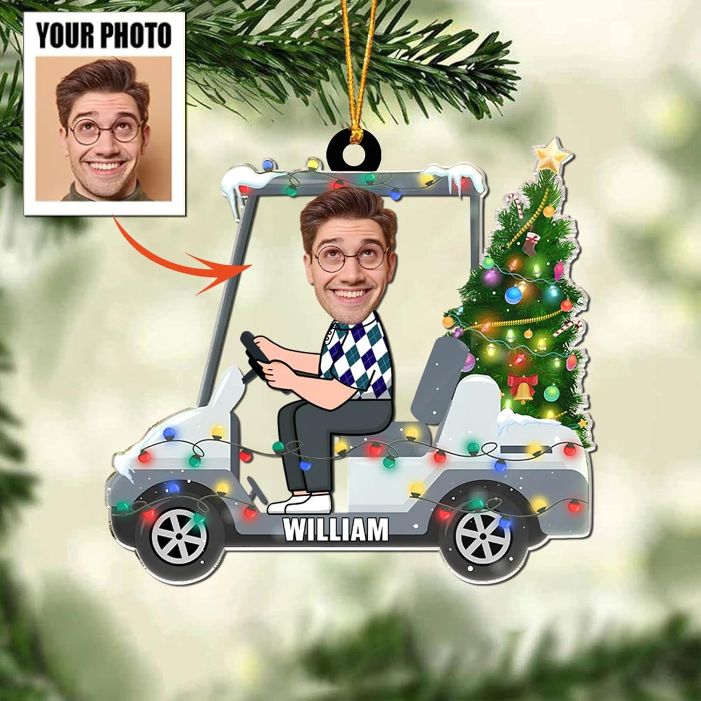 Custom Face and Name Golf Cart Ornament - Golf Player Christmas Ornament
