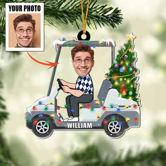 Custom Face and Name Golf Cart Ornament - Golf Player Christmas Ornament