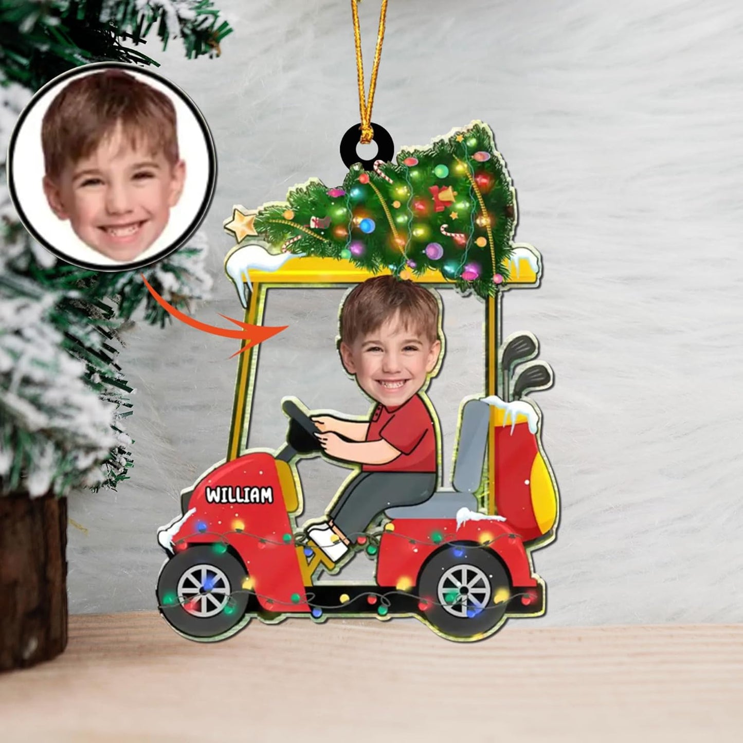 Custom Face and Name Golf Cart Ornament - Golf Player Christmas Ornament 2