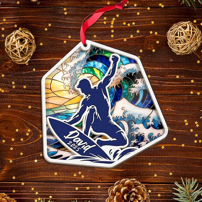 Personalized Surfboard Christmas Ornament - Surfing Tree Decoration Gift for Surfers LL13