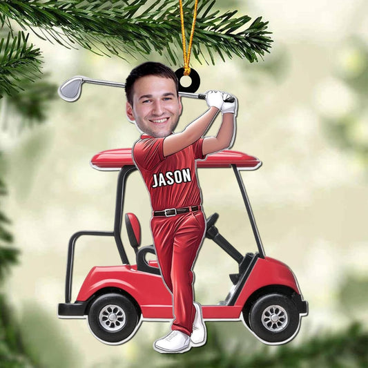 Custom Face and Name Golf Cart Ornament - Golf Player Christmas Ornament