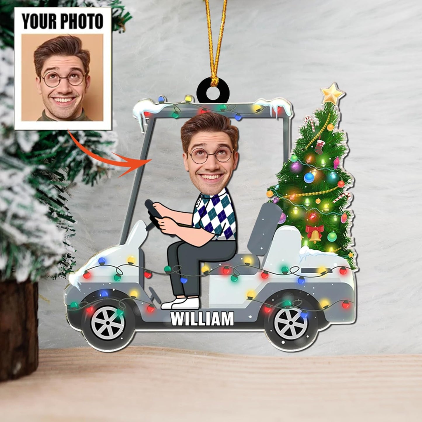 Custom Face and Name Golf Cart Ornament - Golf Player Christmas Ornament
