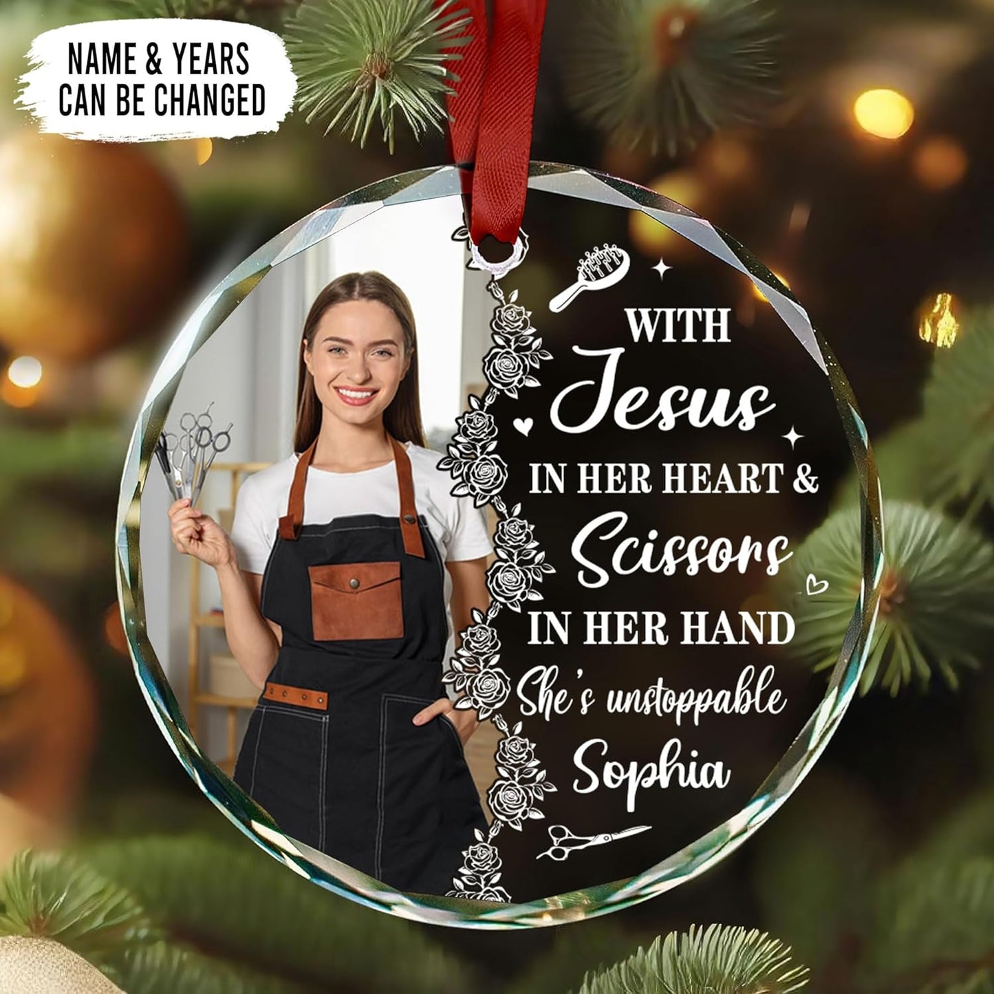 Personalized Hair Stylist Ornament – Custom Name for Hairdresser Glass Ornament Style 2