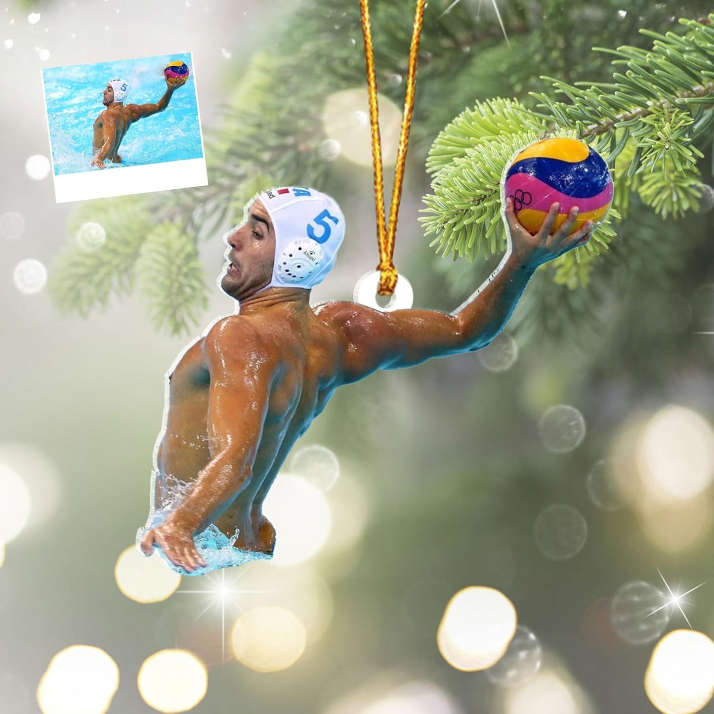 Custom Photo Water Polo Christmas Ornament – Custom Name Acrylic Water Polo Ball Ornament, Sport Holiday Tree Decoration, Gift for Water Polo Players TW1