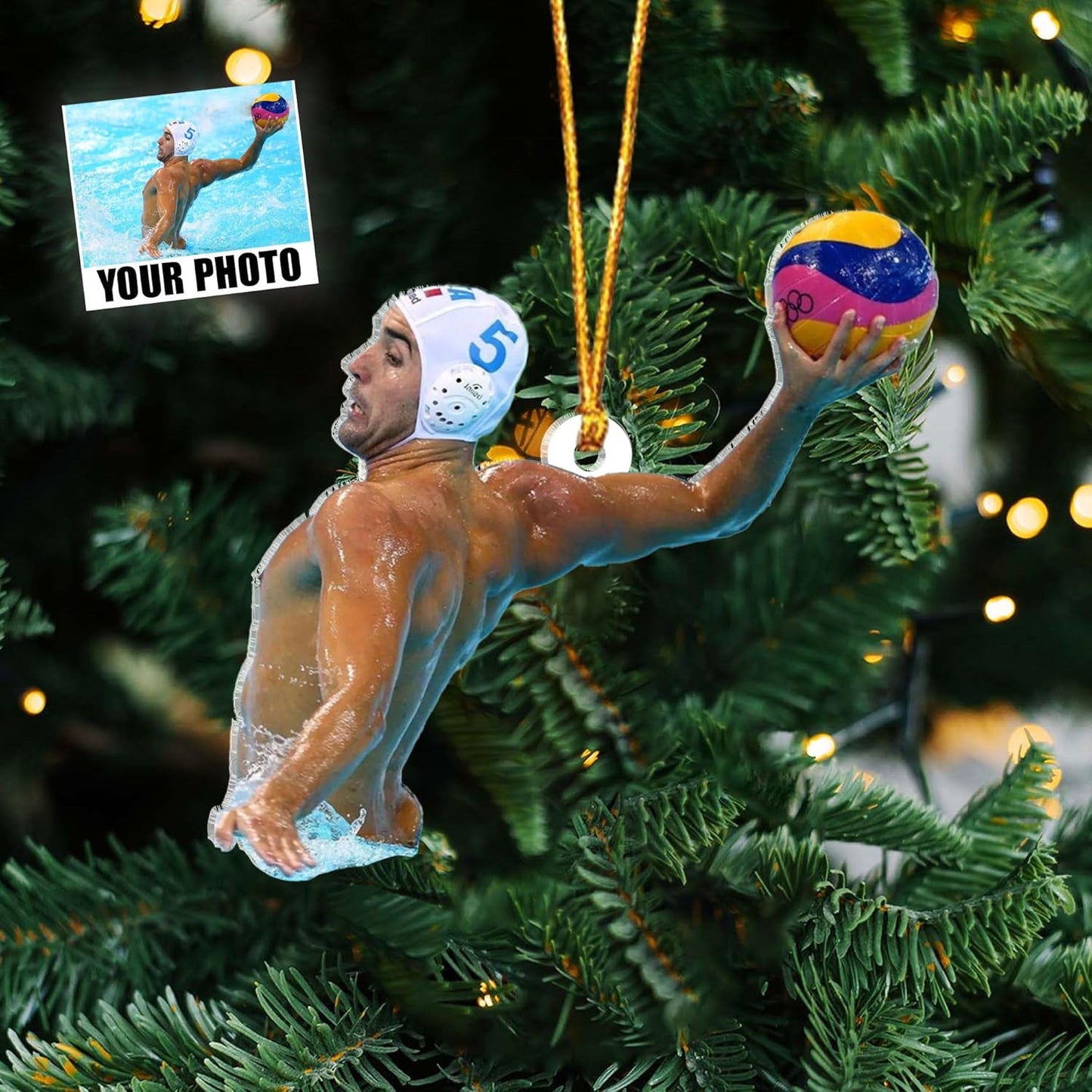Custom Photo Water Polo Christmas Ornament – Custom Name Acrylic Water Polo Ball Ornament, Sport Holiday Tree Decoration, Gift for Water Polo Players TW1