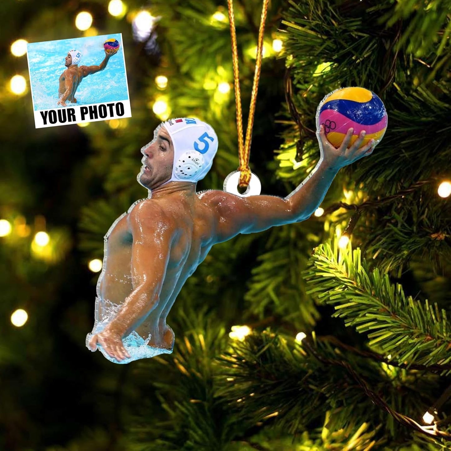 Custom Photo Water Polo Christmas Ornament – Custom Name Acrylic Water Polo Ball Ornament, Sport Holiday Tree Decoration, Gift for Water Polo Players TW1