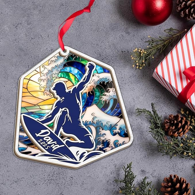 Personalized Surfboard Christmas Ornament - Surfing Tree Decoration Gift for Surfers LL13