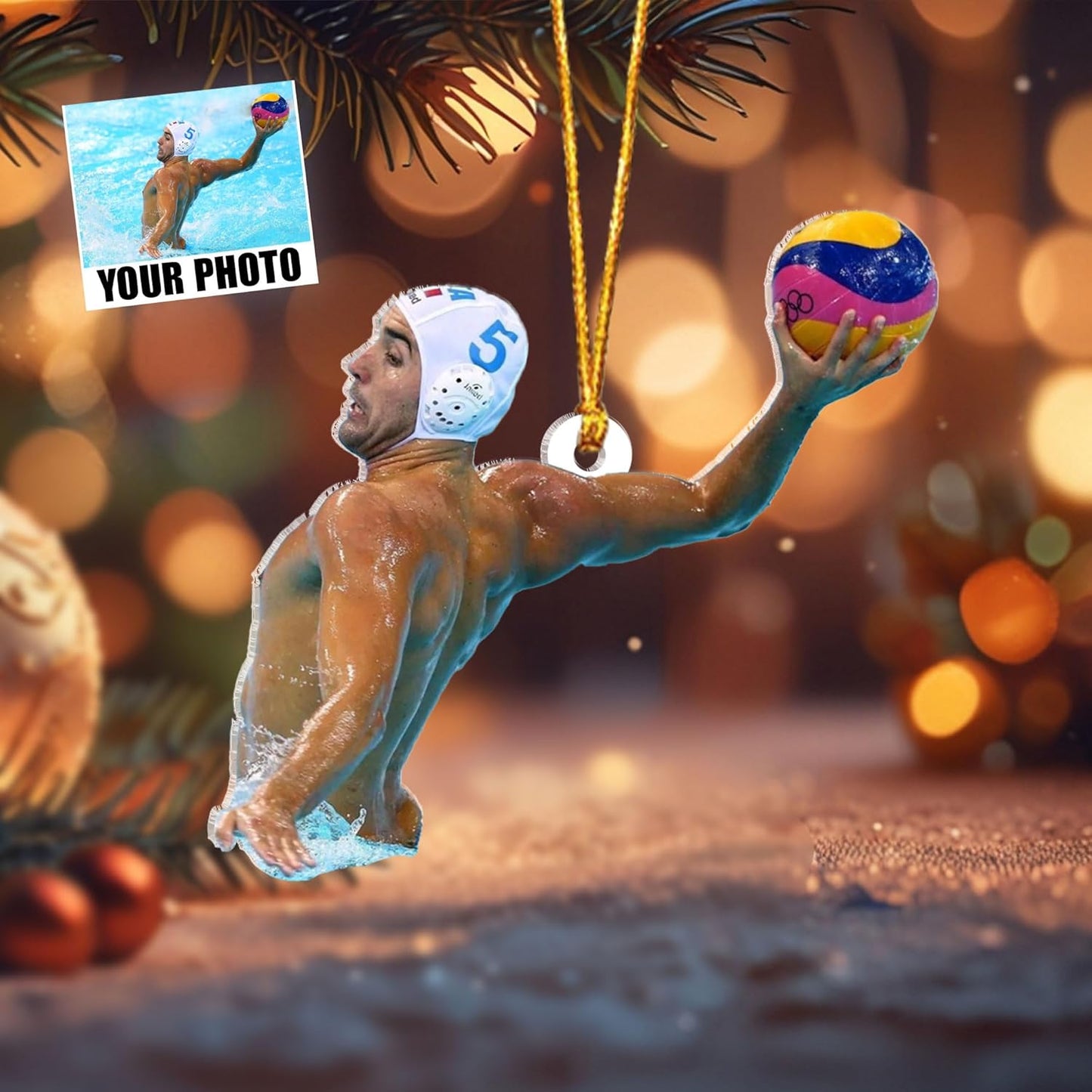 Custom Photo Water Polo Christmas Ornament – Custom Name Acrylic Water Polo Ball Ornament, Sport Holiday Tree Decoration, Gift for Water Polo Players TW1