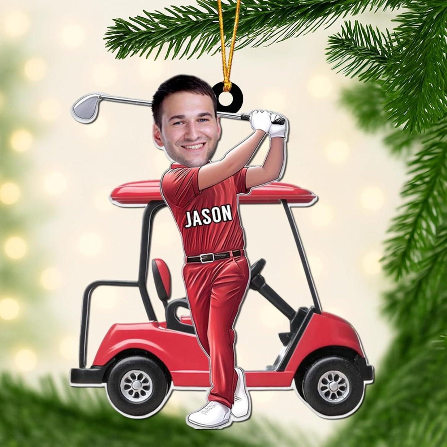 Custom Face and Name Golf Cart Ornament - Golf Player Christmas Ornament