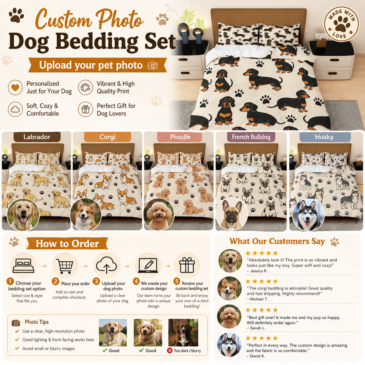 Custom Photo Dog Bedding Set, Personalized Pet Bed Sheet Set Gift For Dog Lover THUC99
