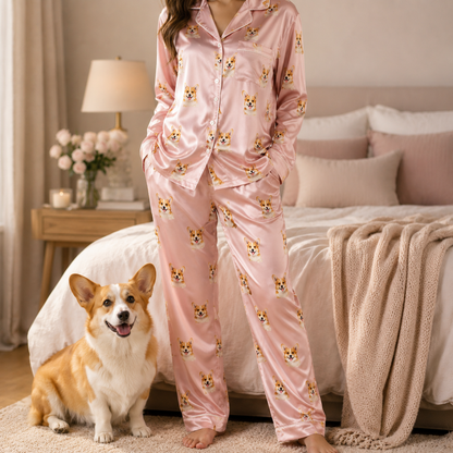 Custom Pet Portrait Satin Pajamas Set Personalized Dog Face Sleepwear Gift THUC99