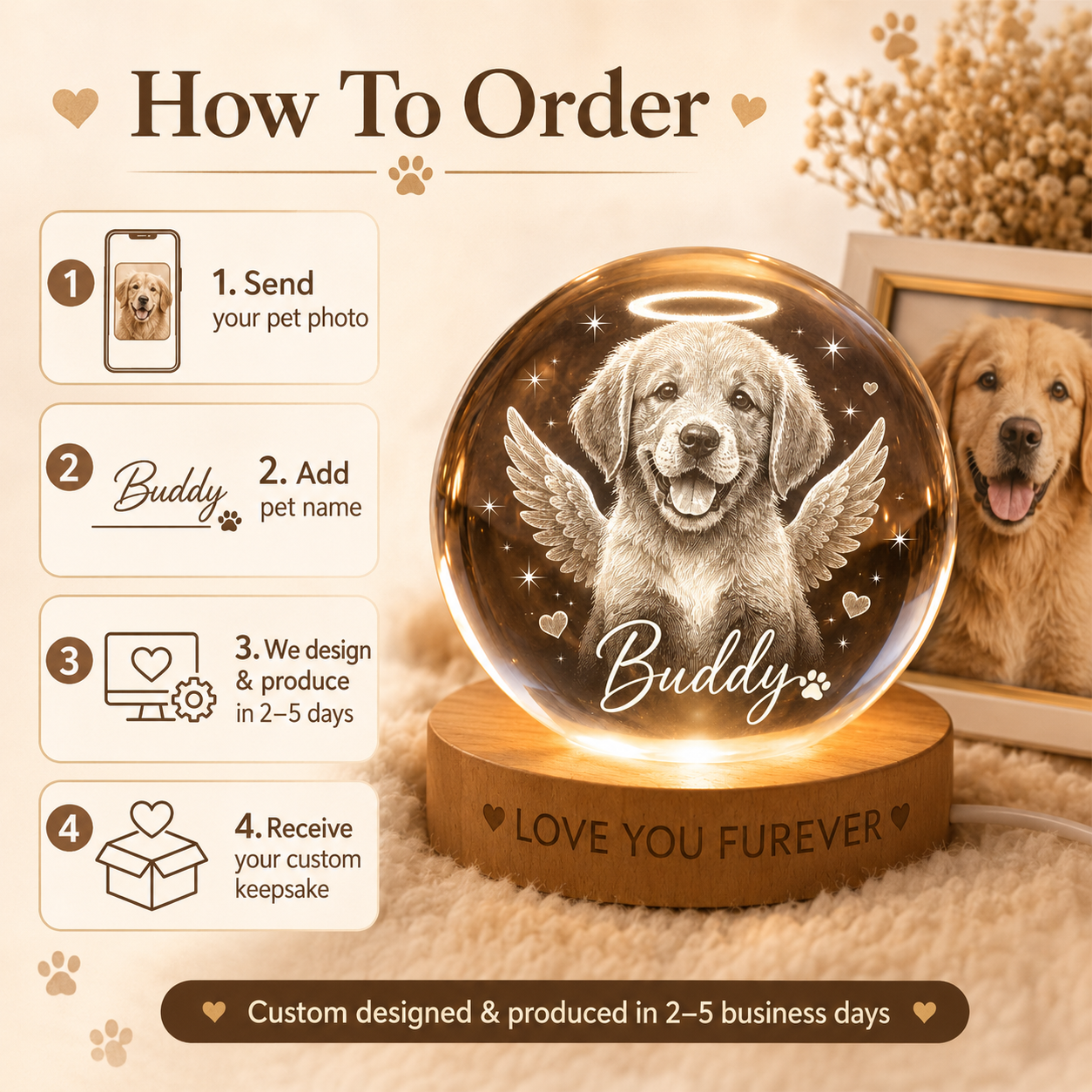 Custom Dog Crystal Ball Night Light, Personalized Pet Photo Crystal Lamp, Memorial Dog Gift THUC99