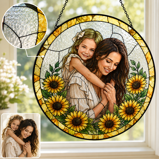 Custom Photo Mom Stained Glass Window Hanging, Personalized Mother’s Day Suncatcher Keepsake THUC99