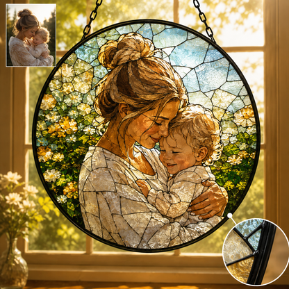 Personalized Family Photo Stained Glass Suncatcher, Custom Portrait Window Hanging Keepsake Decor THUC99