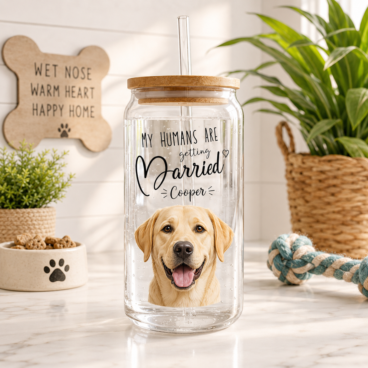 Personalized Dog Face Glass Tumbler 16oz – Custom Pet Cup with Bamboo Lid & Straw THUC99