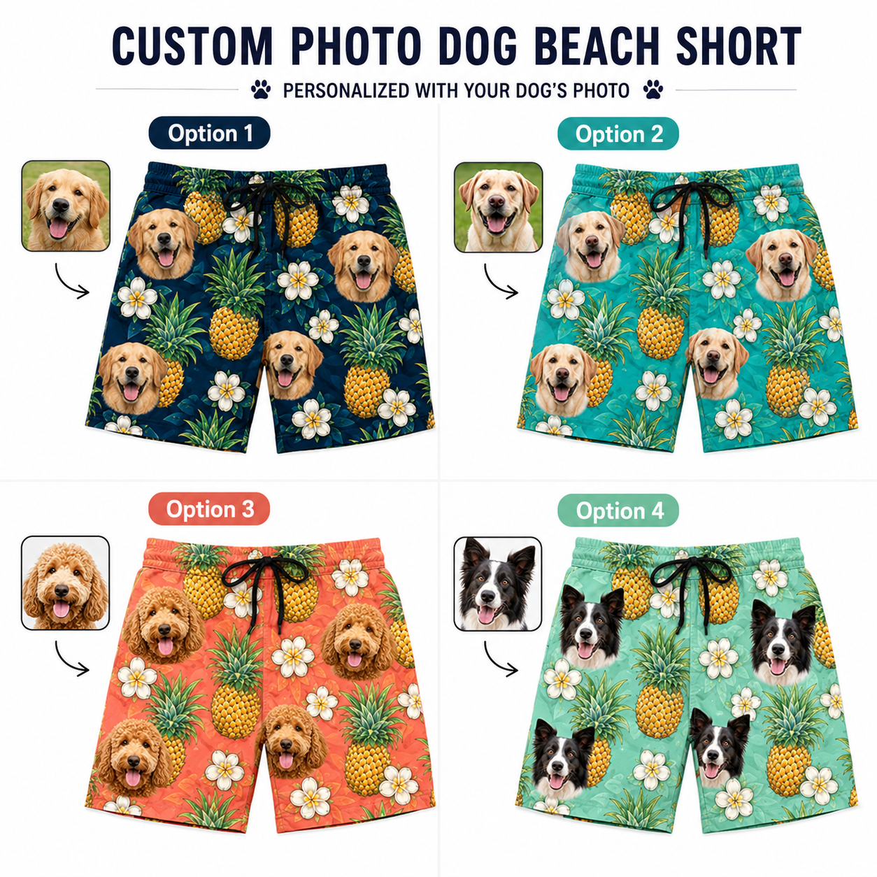 Personalized Dog Photo Beach Trunks Custom Pet Face Summer Swim Shorts THUC99