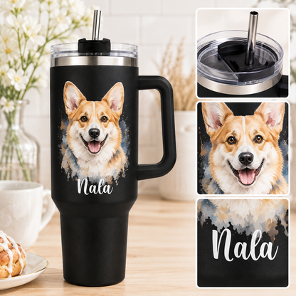 Custom Dog Portrait Travel Mug 40oz – Personalized Pet Picture Tumbler for Dog Lovers THUC99