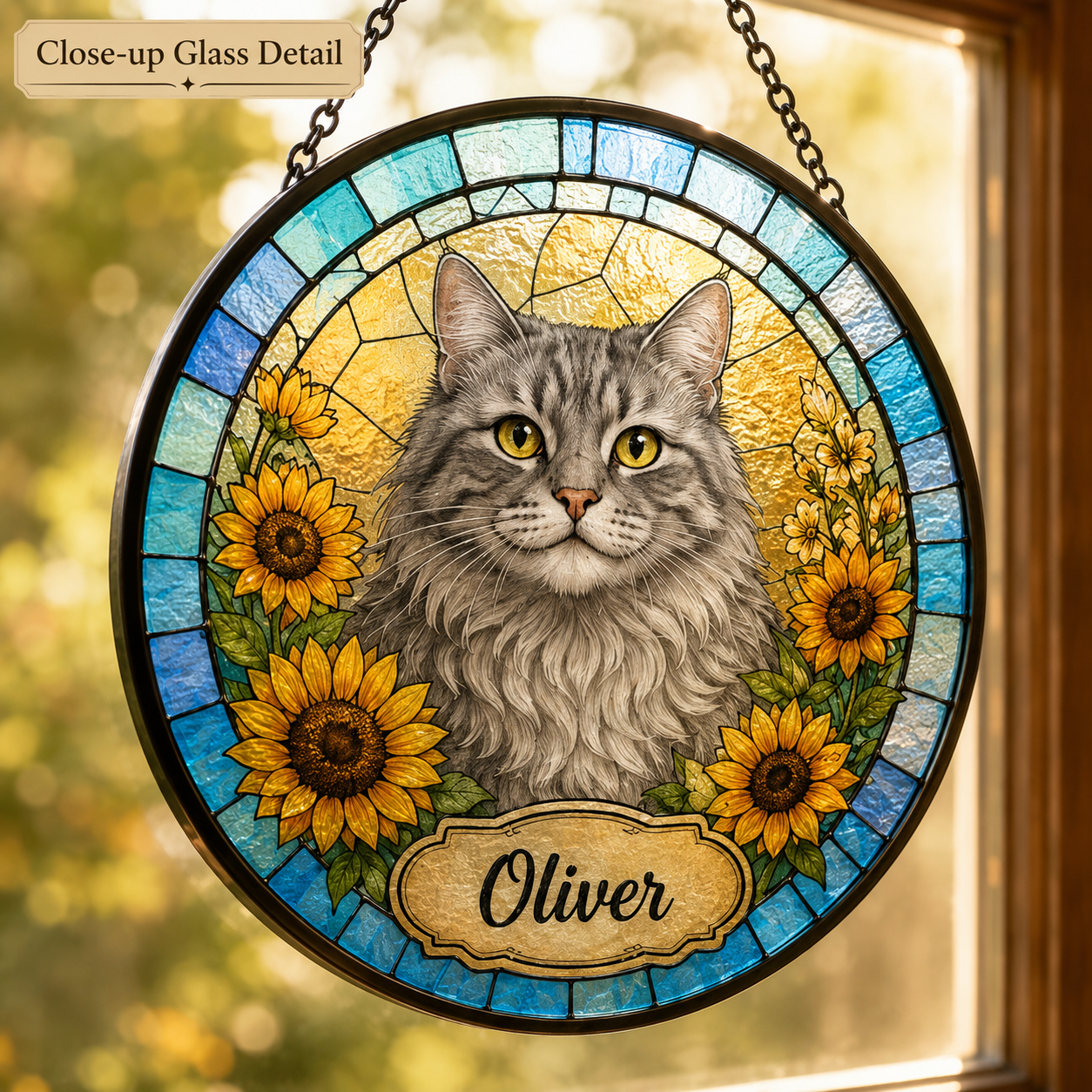 Custom Photo Cat Stained Glass Suncatcher – Personalized Cat Portrait Window Hanging Gift THUC99