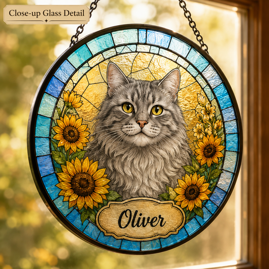 Custom Photo Cat Stained Glass Suncatcher – Personalized Cat Portrait Window Hanging Gift THUC99