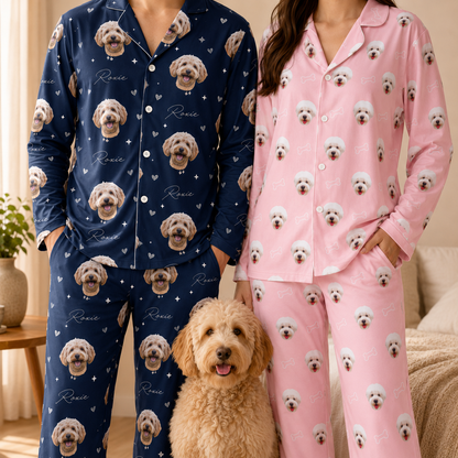 Personalized Dog Face Pajamas Set for Dog Mom and Dog Dad, Custom Pet Photo Sleepwear THUC99