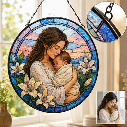 Custom Photo Grandma Stained Glass Suncatcher, Personalized Grandmother Gift Window Hanging THUC99